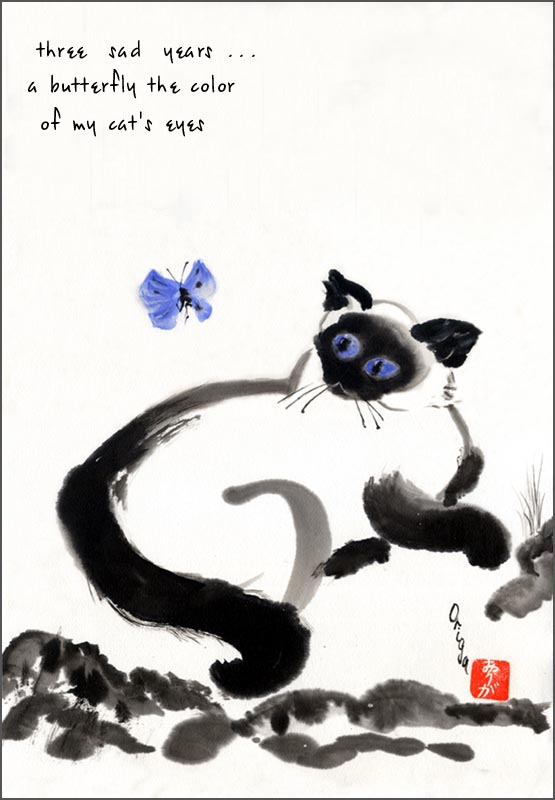 Three sad years... Haiga.
---------
 (  ,      )