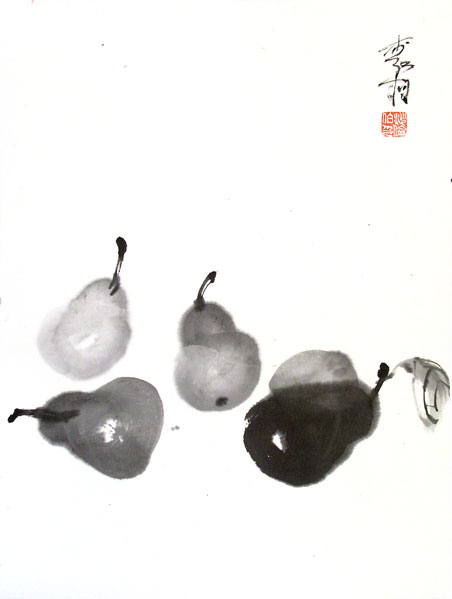 "I'll give you five pears for your six persimmons" (Sumi-e)
---------
 (  ,      )