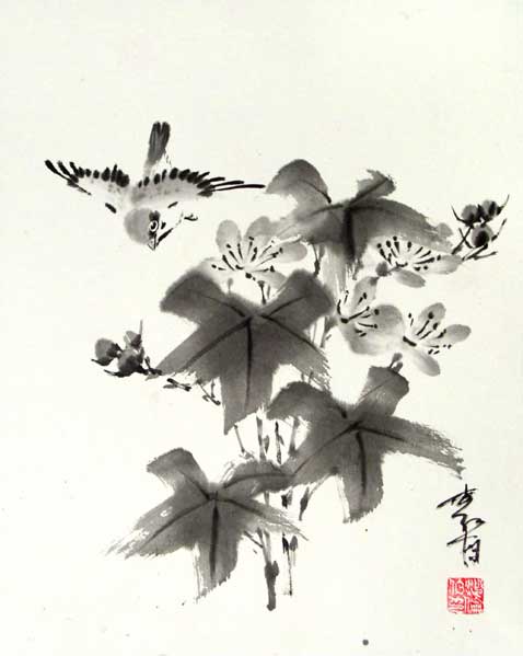 sparrow, sumi-e
---------
 (  ,      )