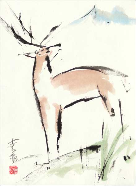 A Lonely Deerpainted with a credit=card
---------
 (  ,      )