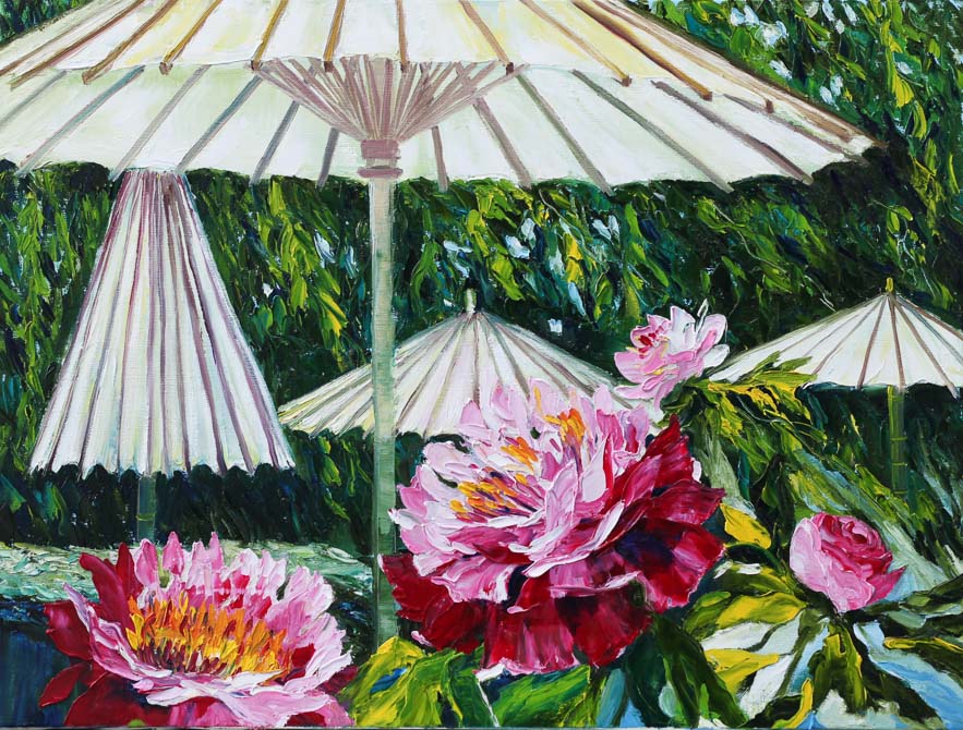 Japanese garden.Umbrellas for peonies
---------
 (  ,      )